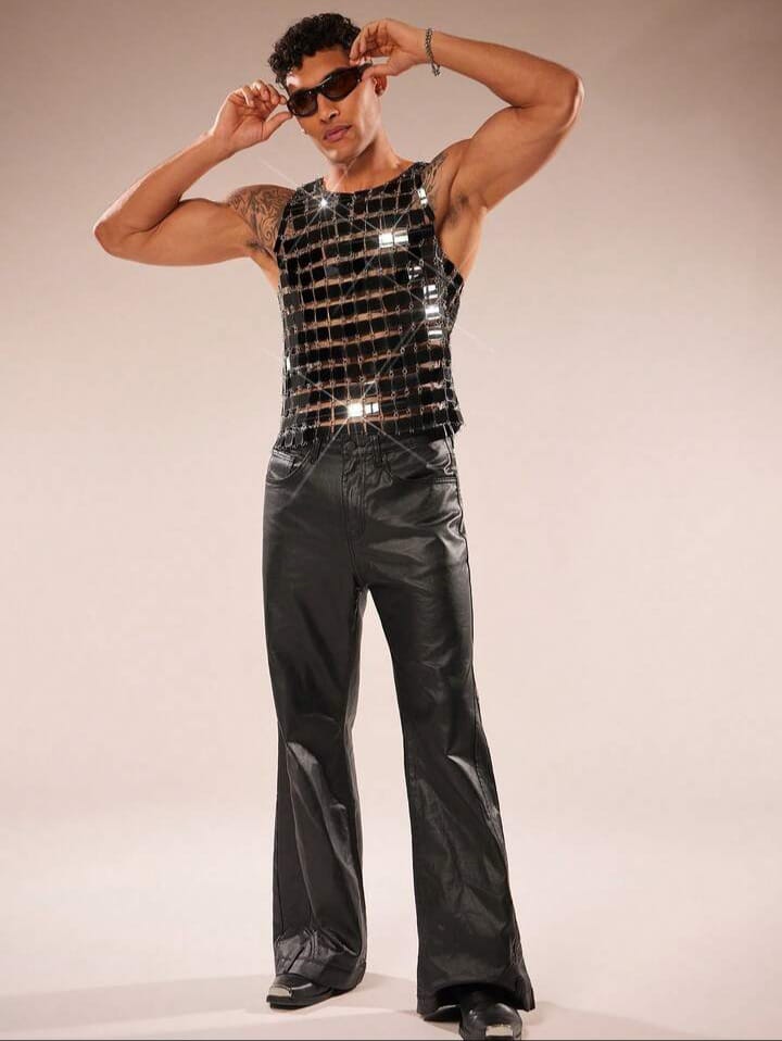 Men's Sequin Decor Sheer Crew Neck Tank Top, Suitable For Parties And Gatherings